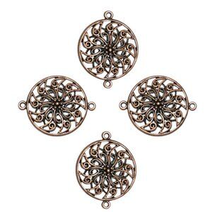 Antiqued Copper 31mm Flat Round Flower Design Metal Link Pendant Bead 4pc M377